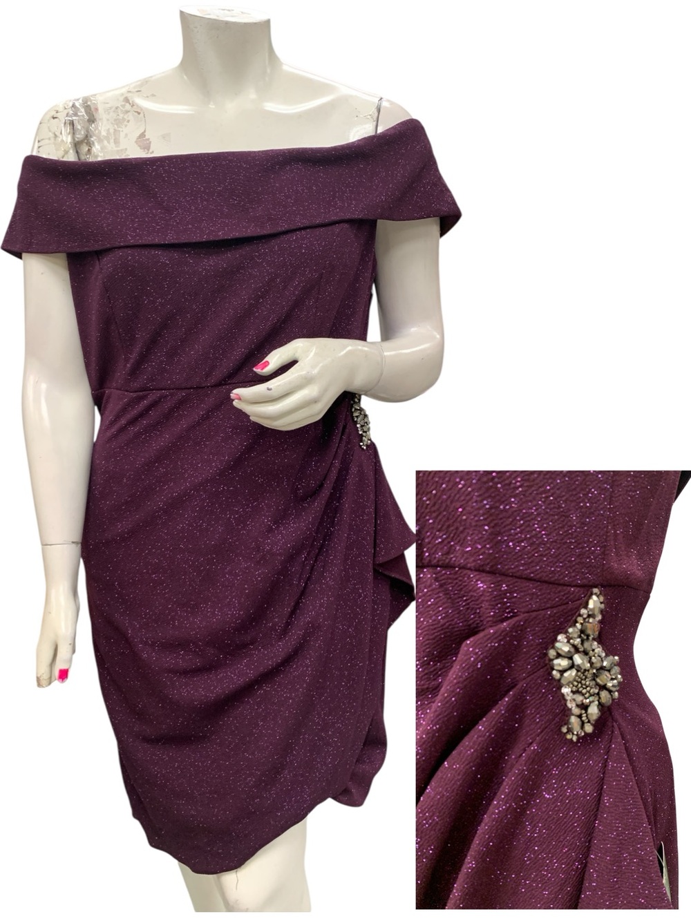 SLNY NWT Off-Shoulder Purple Sparkle Cocktail Dress Size Xl